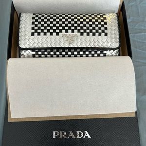 Prada Silver Metallic Woven Snap Madras Continental Wallet